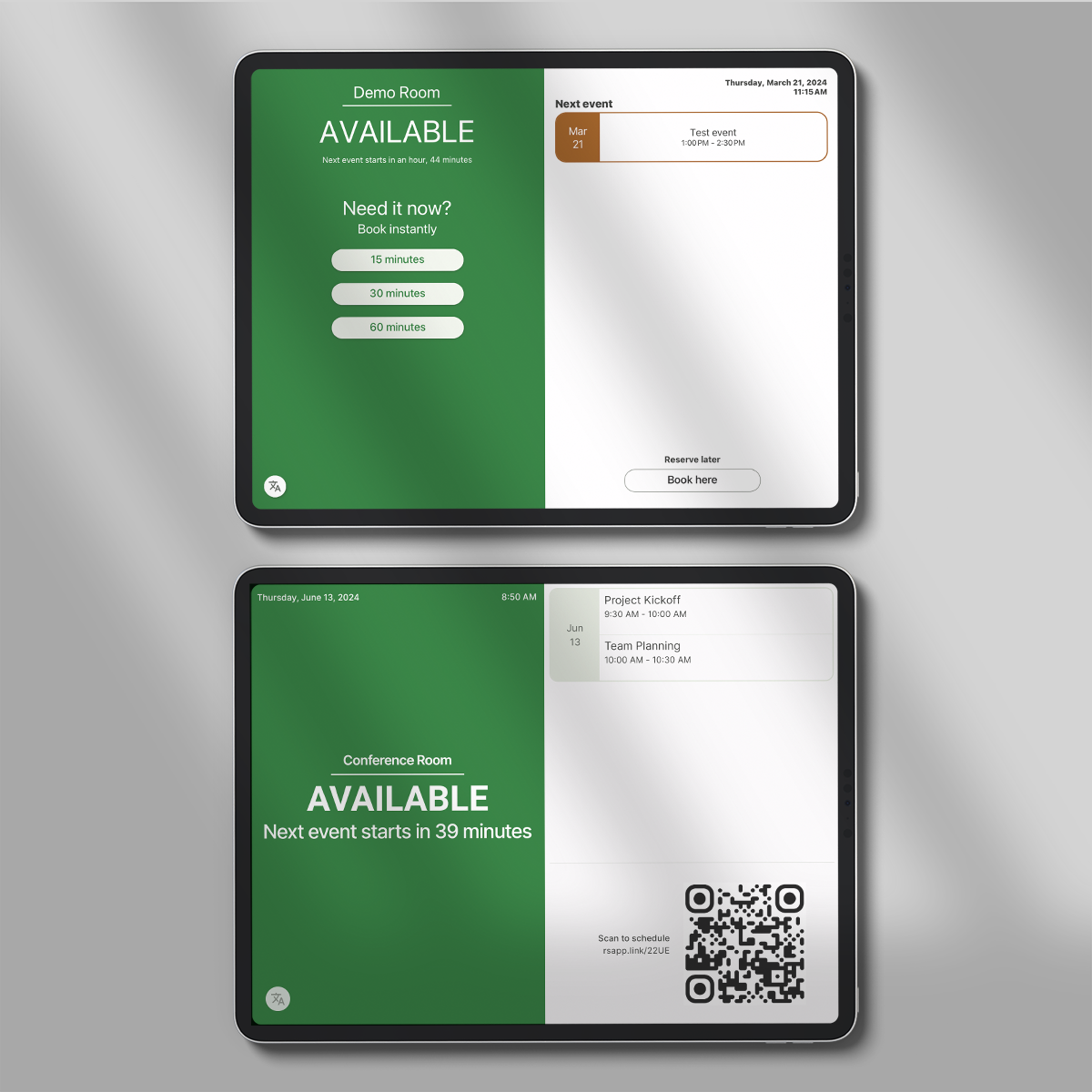 Two tablets displaying the Room sign App. One has buttons for immediately scheduling a room, and the other has a QR code that can be scanned to give anyone access.